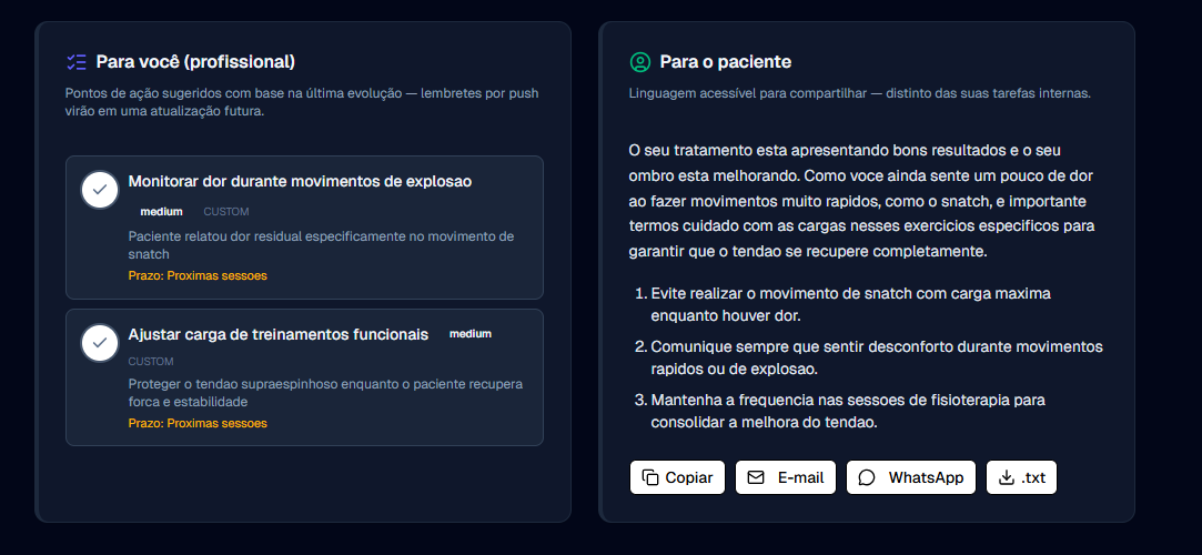 Ações para profissional e paciente na AI.Evolui
